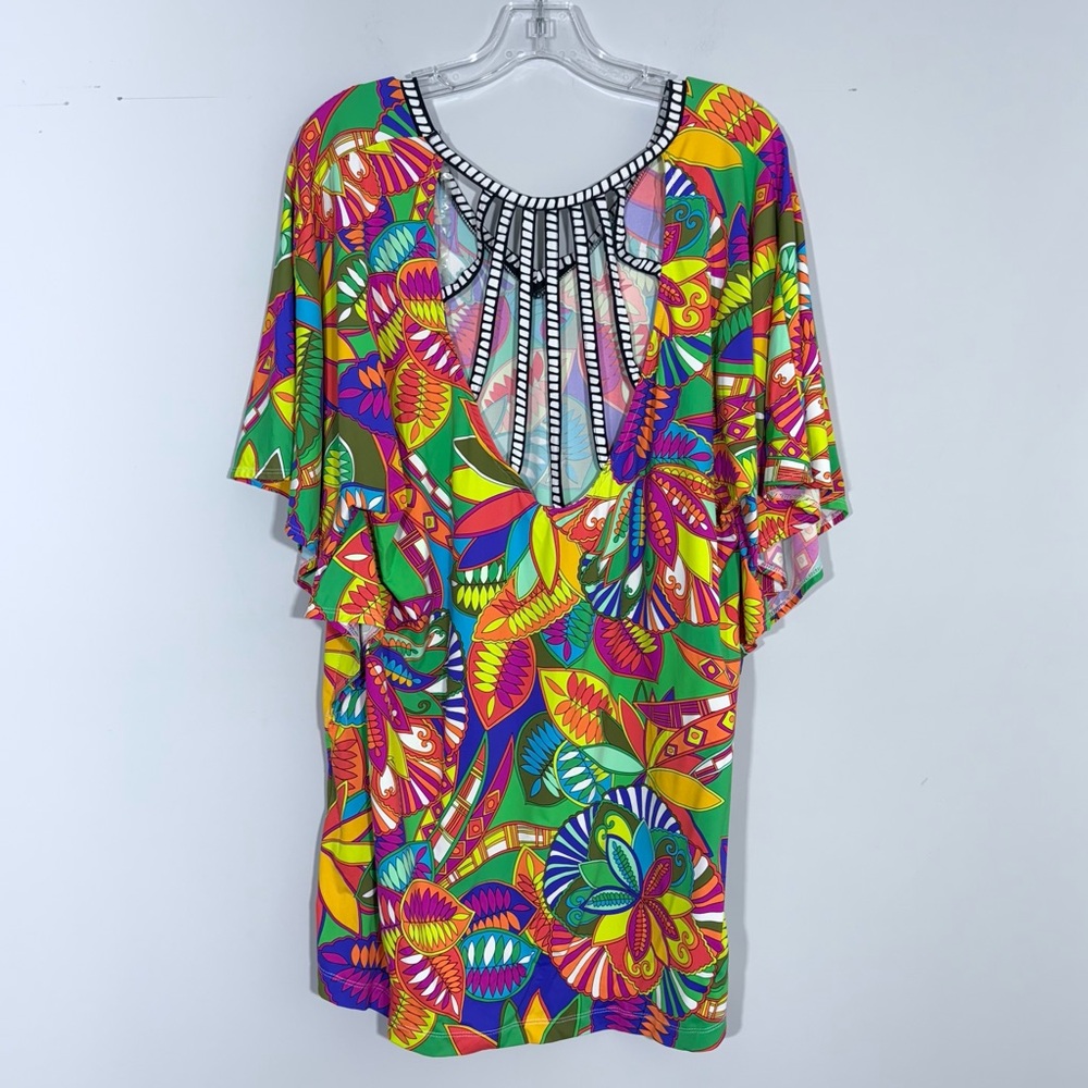 Trina Turk Montezuma Beach Coverup Tunic Dress M Boho Floral Print Cut Out Back - Picture 8 of 16